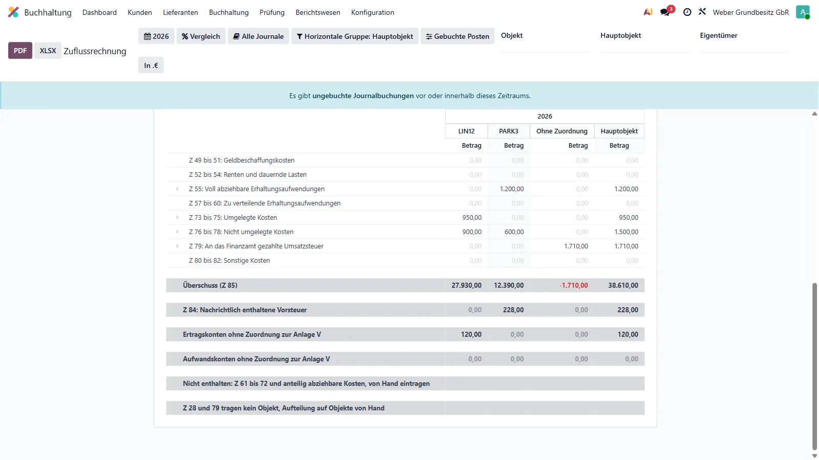 Ende des Berichts: die Restzeile „Ertragskonten ohne Zuordnung zur Anlage V” zeigt 120 € auf einem Konto ohne Stichwort