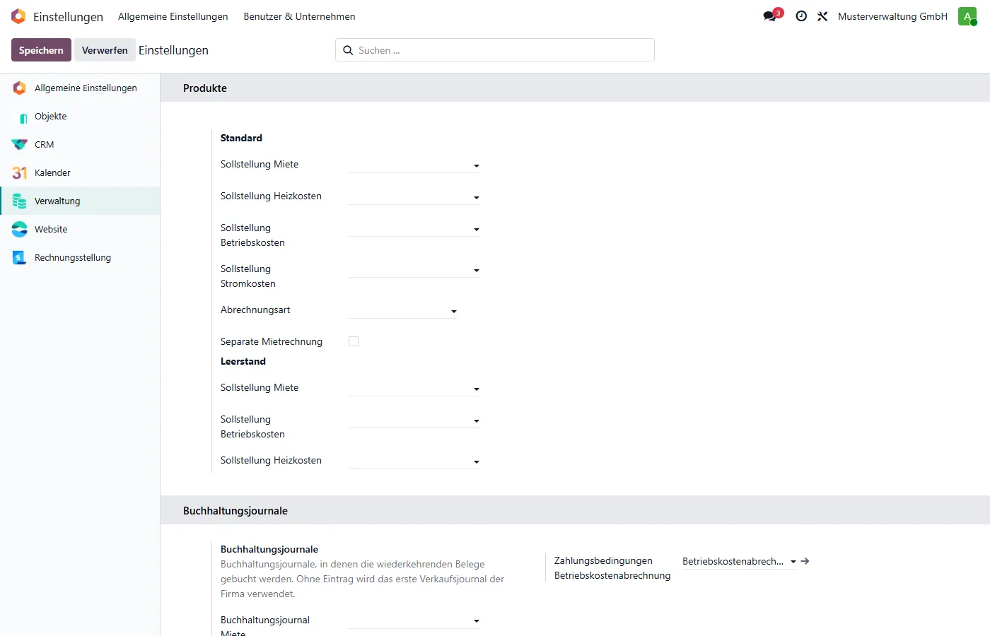 Einstellungen › Verwaltung, Block „Produkte“ mit Standard und Leerstand