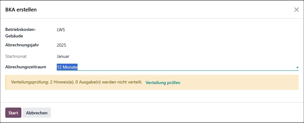 Dialog „BKA erstellen“ mit der Hinweiszeile der Verteilungsprüfung