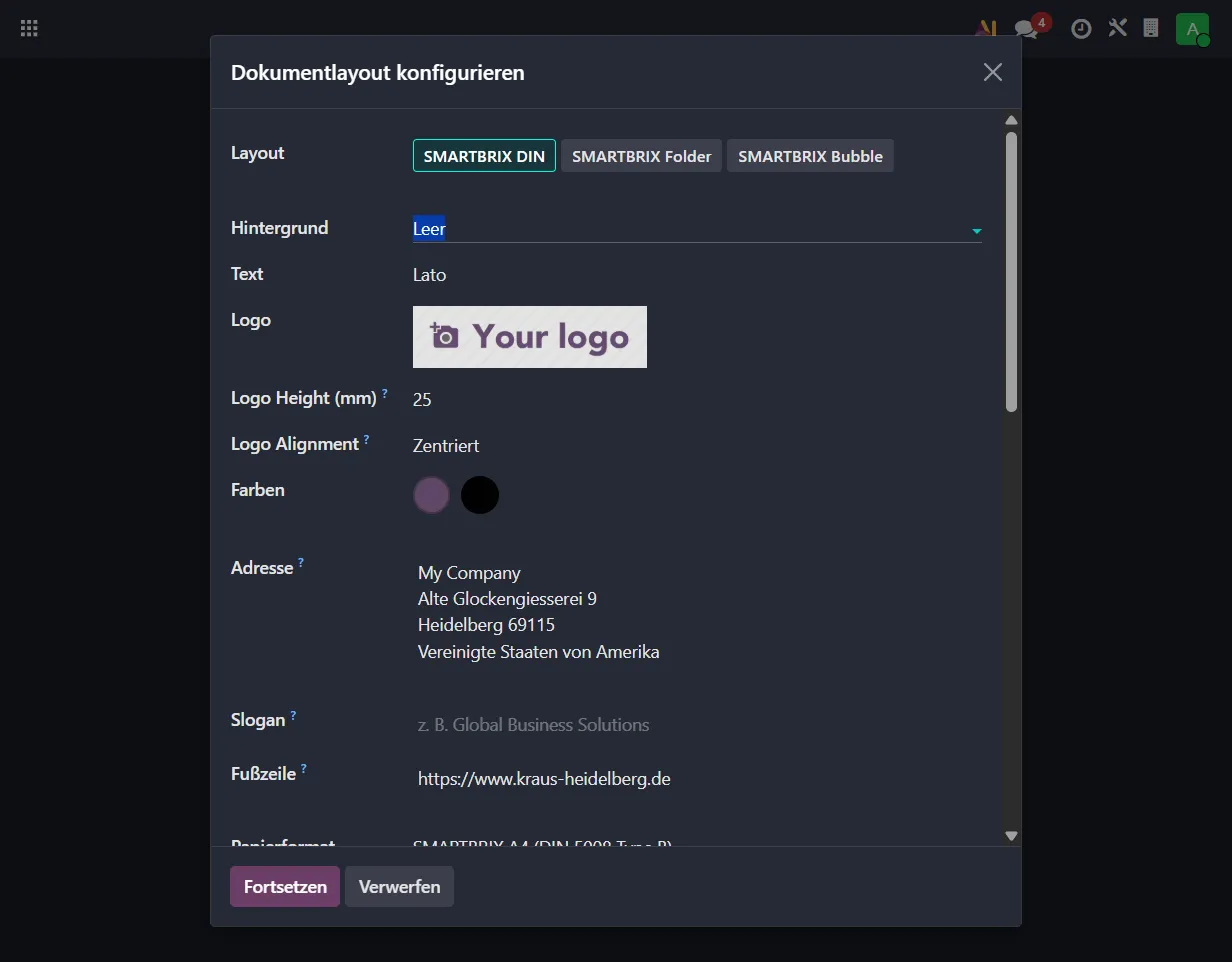Dialog Dokumentlayout konfigurieren mit Logo, Logohöhe und Farben