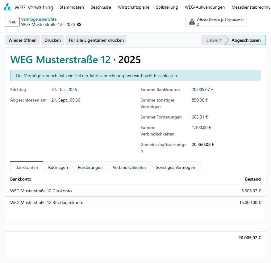 Abgeschlossener Vermögensbericht 2025 der Beispiel-WEG mit den Summen und dem Reiter Bankkonten