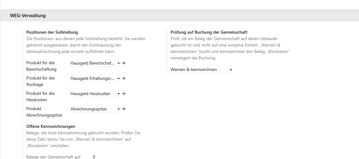 Block „WEG-Verwaltung“ in den Einstellungen mit den vier Produkten und der Buchungsprüfung