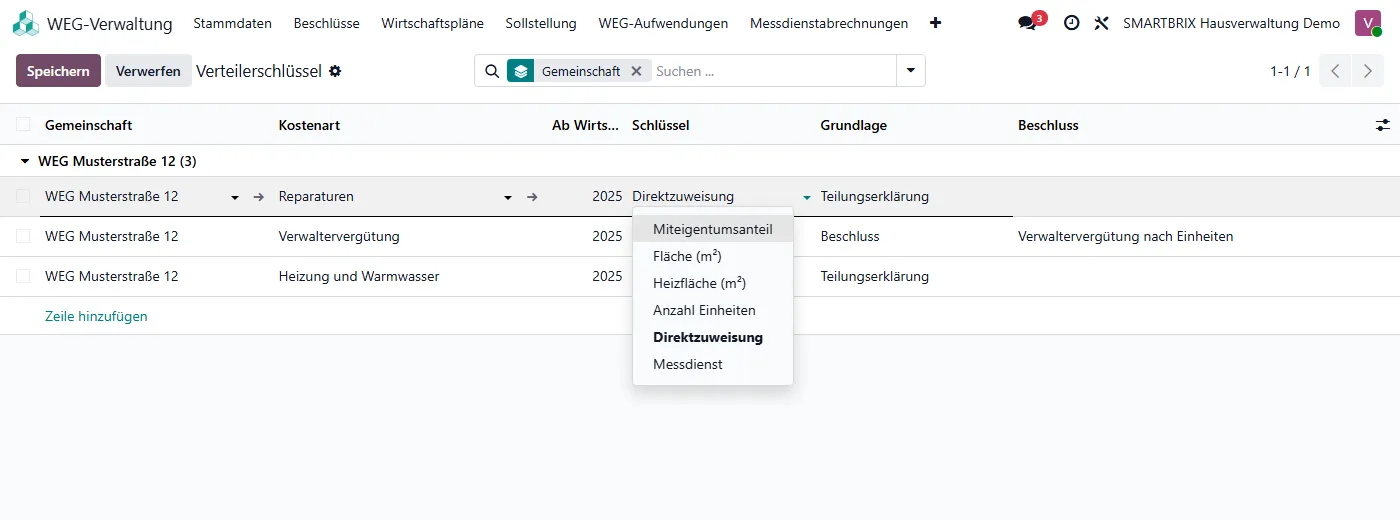 Liste der Verteilerschlüssel mit aufgeklappter Auswahl der Schlüssel