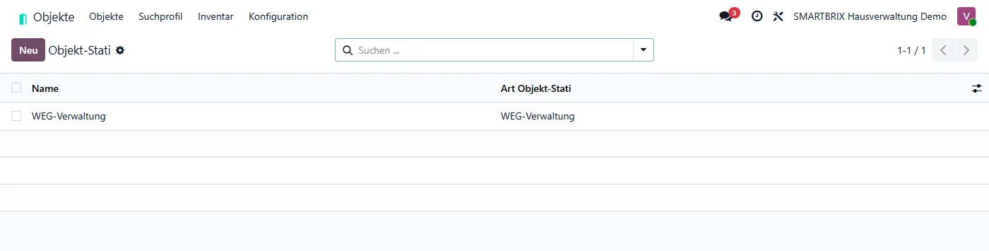 Liste der Objekt-Stati mit dem Status WEG-Verwaltung