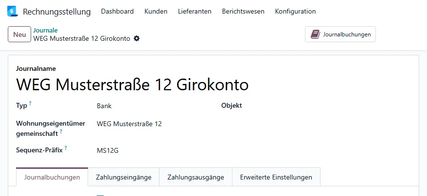 Bankjournal mit dem Feld Wohnungseigentümergemeinschaft