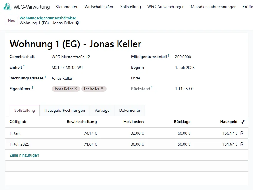 Wohnungseigentumsverhältnis mit Reiter Sollstellung und zwei Vorschusszeilen ab 01.07.2025 und ab 01.01.2026