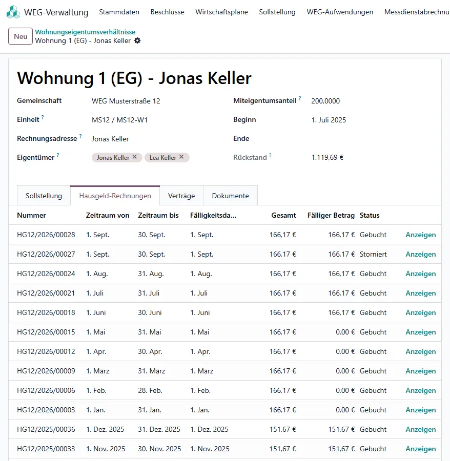 Reiter Hausgeld-Rechnungen am Verhältnis mit Nummer, Zeitraum, Fälligkeitsdatum, Gesamt und fälligem Betrag