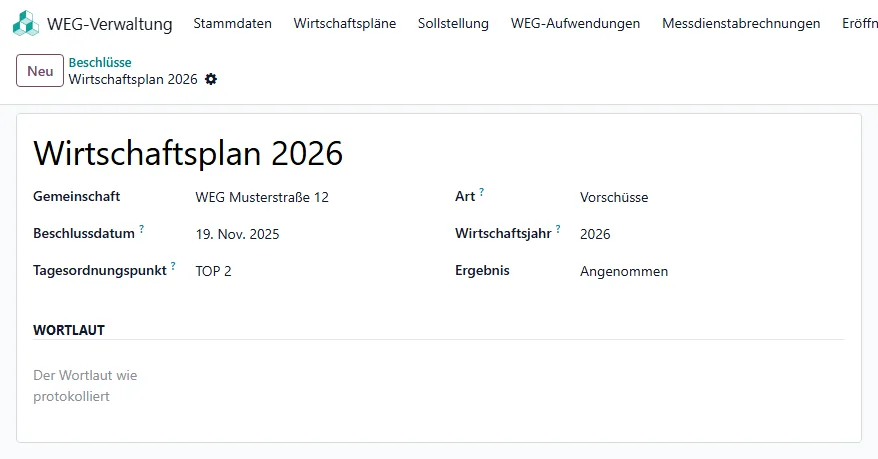 Formular eines Beschlusses mit Art Vorschüsse und Ergebnis Angenommen