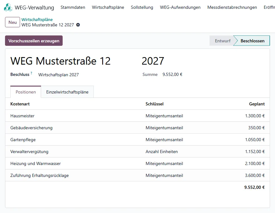 Beschlossener Wirtschaftsplan mit der Schaltfläche Vorschusszeilen erzeugen