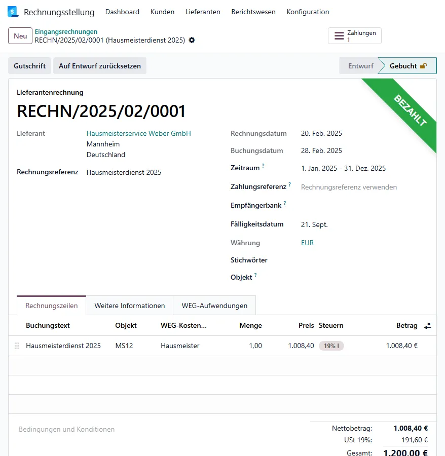 Eingangsrechnung des Hausmeisters mit Objekt und WEG-Kostenart in der Zeile