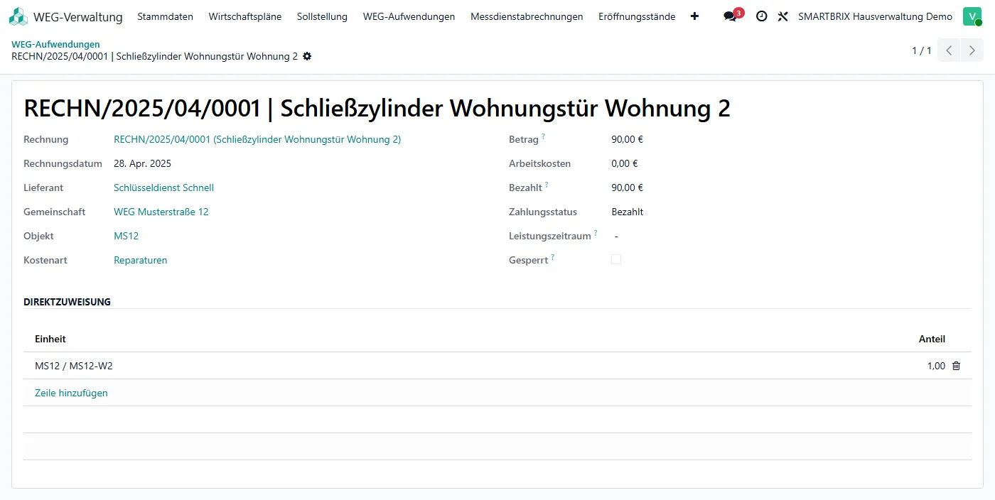 WEG-Aufwendung für einen Schließzylinder, direkt der Wohnung 2 zugewiesen