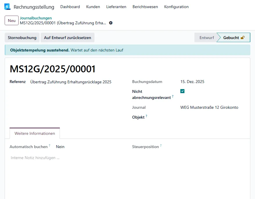 Buchung Übertrag Zuführung Erhaltungsrücklage vom Girokonto mit gesetztem Haken Nicht abrechnungsrelevant