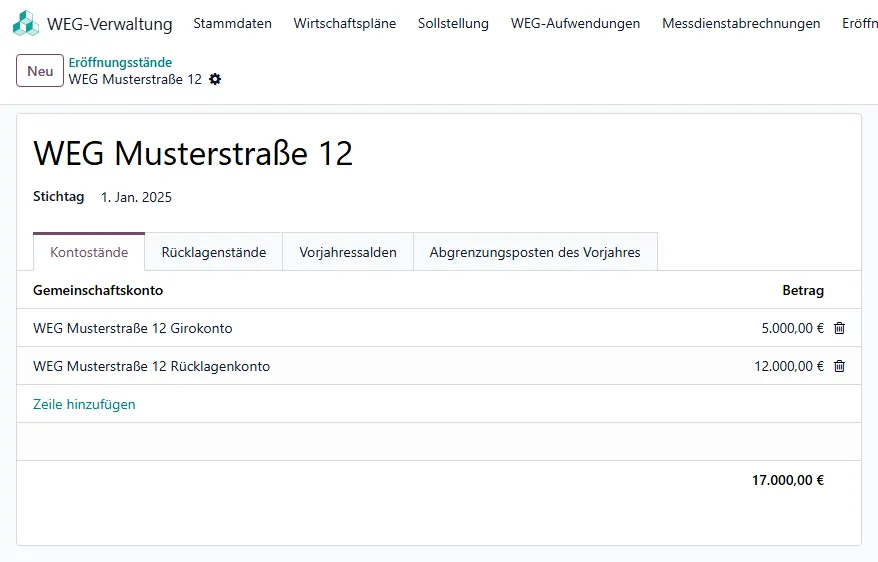 Eröffnungsstand der Beispiel-WEG zum 1. Januar 2025 mit den Kontoständen von Giro- und Rücklagenkonto