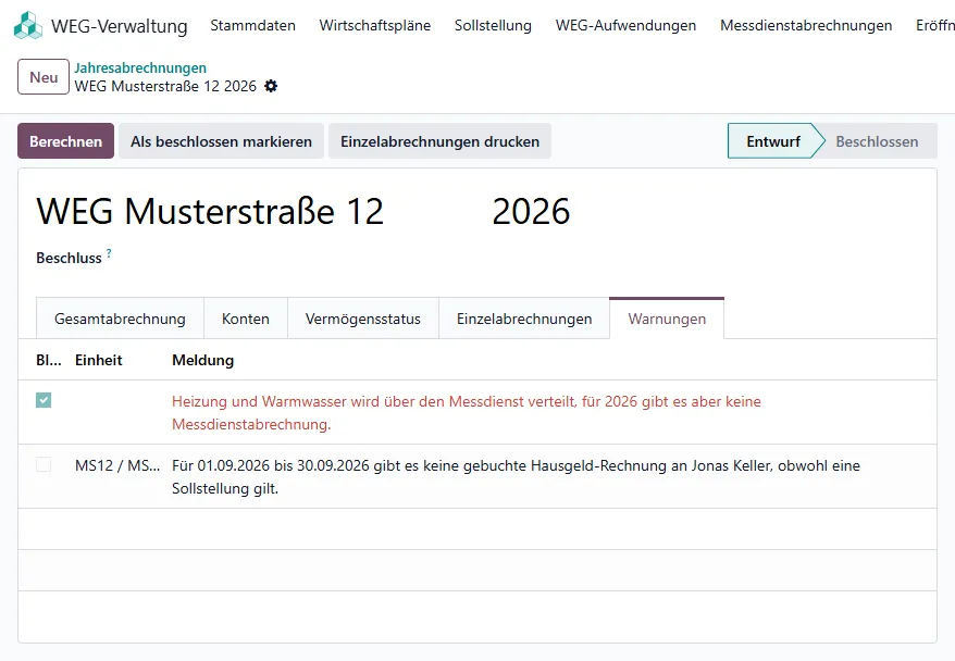 Reiter Warnungen im Entwurf 2026 mit einer blockierenden Warnung zur fehlenden Messdienstabrechnung und einem Hinweis zu einer fehlenden Hausgeld-Rechnung