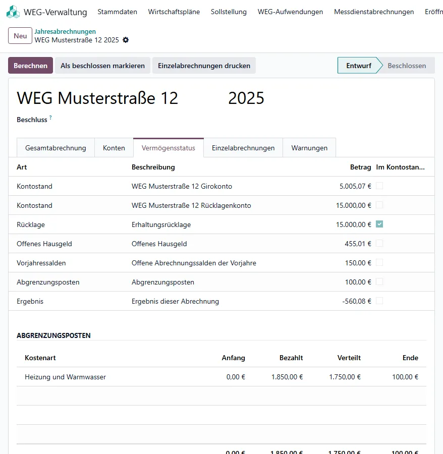 Reiter Vermögensstatus 2025 der Beispiel-WEG mit Kontoständen, Rücklage, offenem Hausgeld, Vorjahressalden, Abgrenzungsposten und Ergebnis, darunter die Abgrenzungsposten