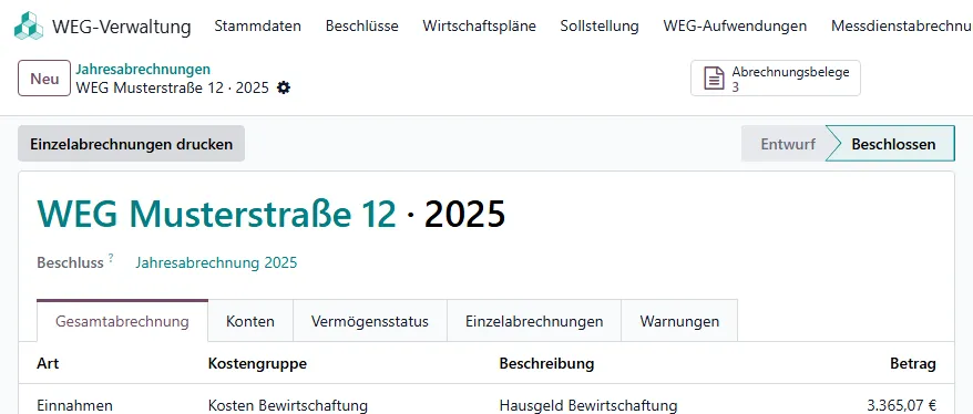 Beschlossene Jahresabrechnung 2025 mit Beschluss und Schaltfläche Abrechnungsbelege 3