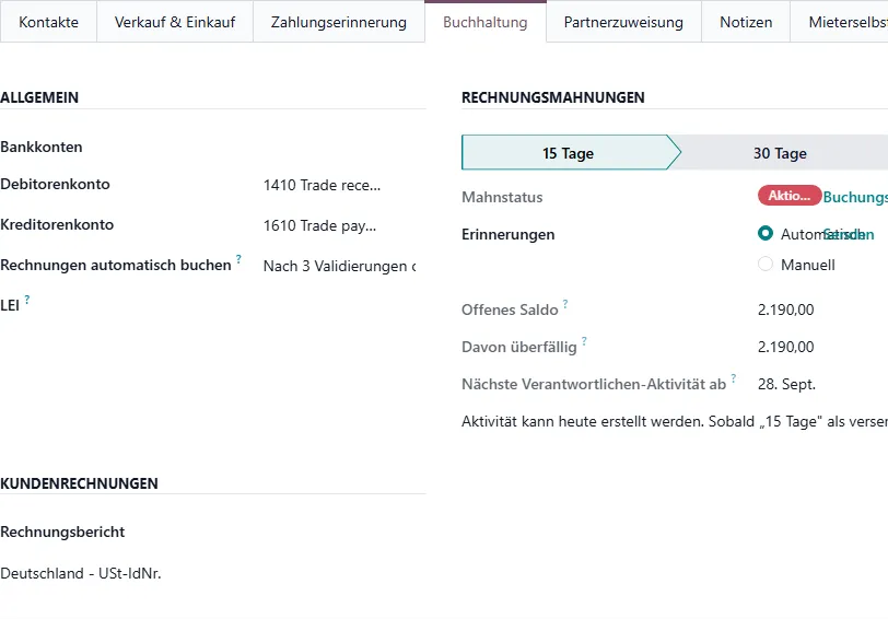 Kontakt, Reiter Buchhaltung mit Mahnstatus, offenem und überfälligem Saldo