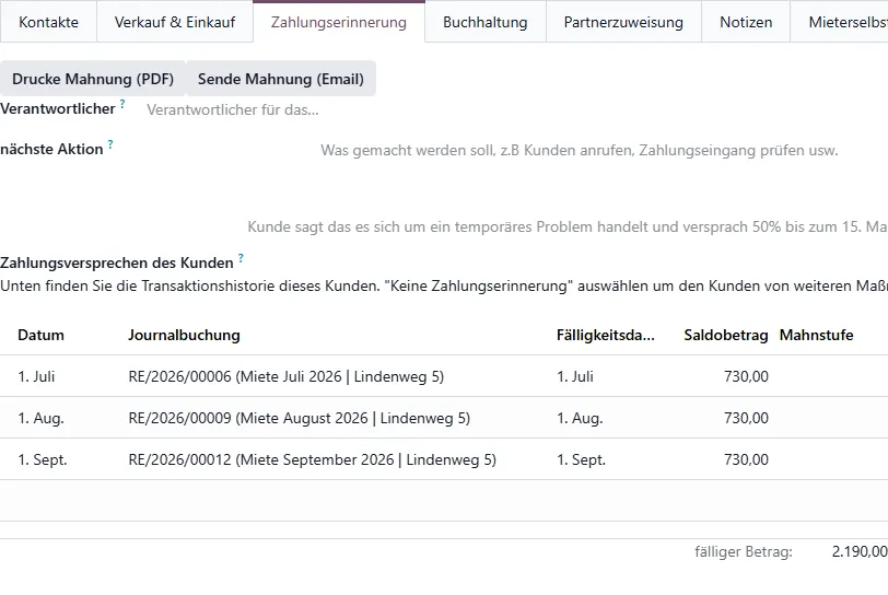 Kontakt, Reiter Zahlungserinnerung mit den überfälligen Mietrechnungen