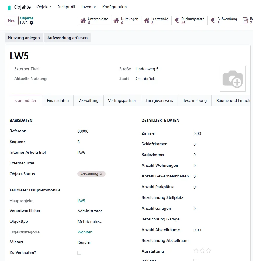 Hauptobjekt, Reiter Stammdaten mit Arbeitstitel, Objekt-Status, Verantwortlichem und Objekttyp