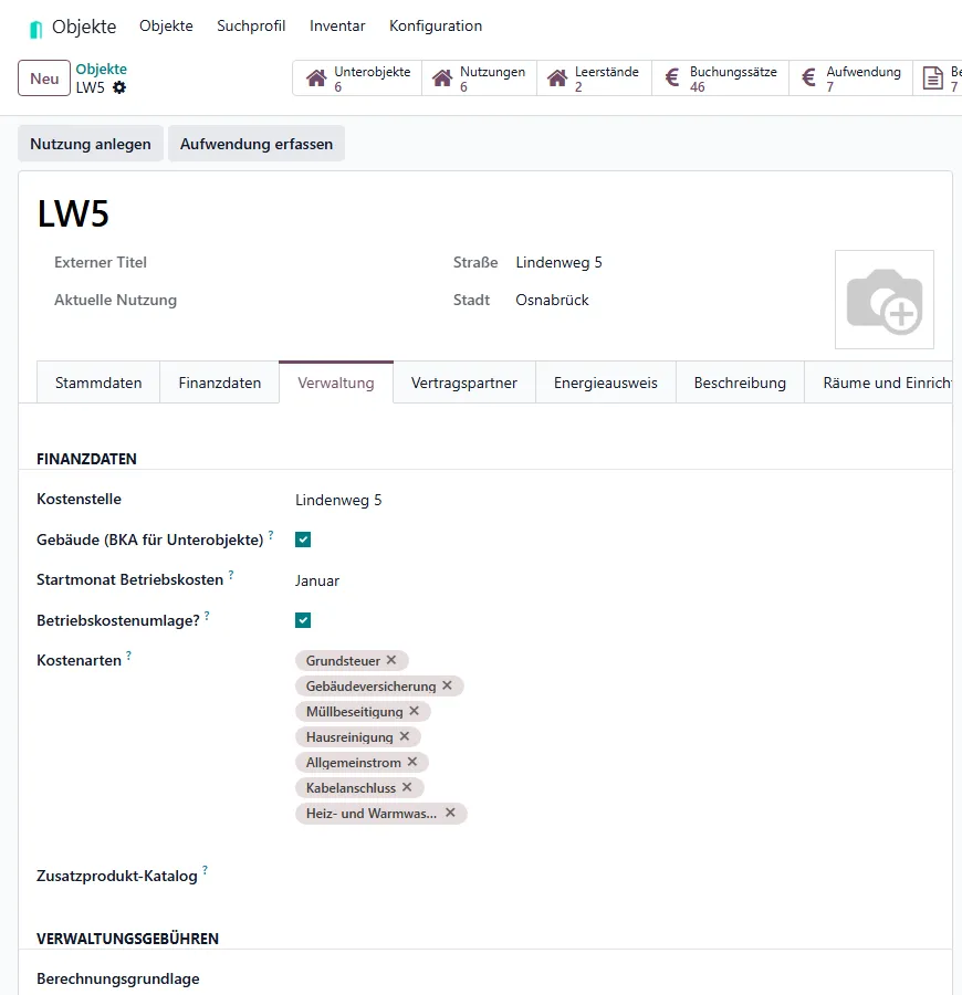 Hauptobjekt, Reiter Verwaltung mit Kostenstelle und Kostenarten