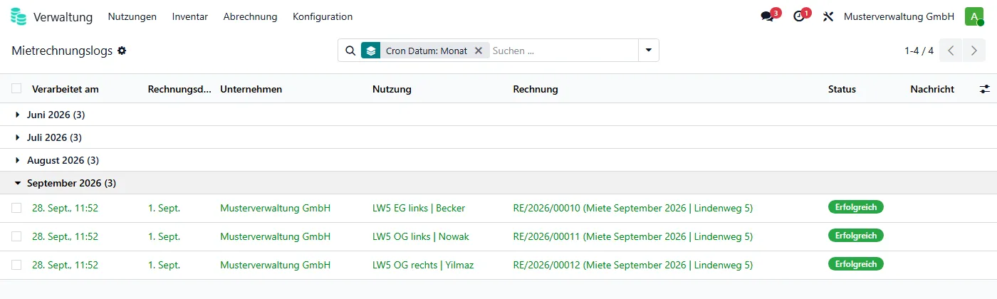 Mietrechnungslog, nach Monat gruppiert
