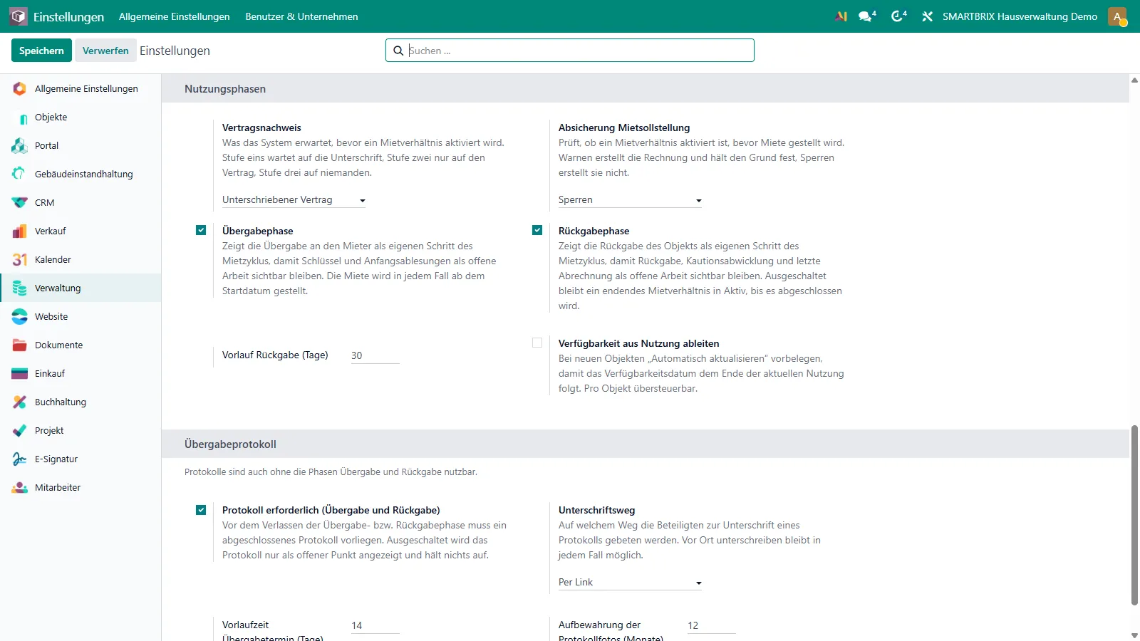 Einstellungsseite mit der Kachel „Verwaltung“ und dem Block „Nutzungsphasen“