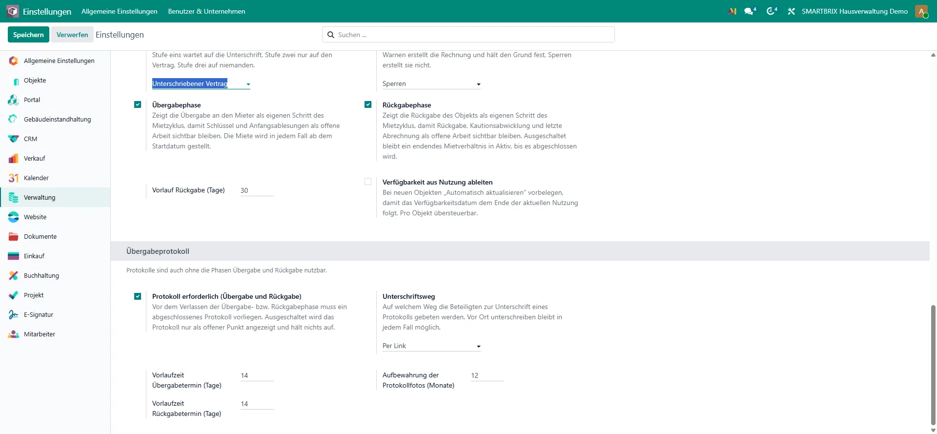 Block „Übergabeprotokoll“ mit seinem Hinweis und den Terminvorlauffeldern