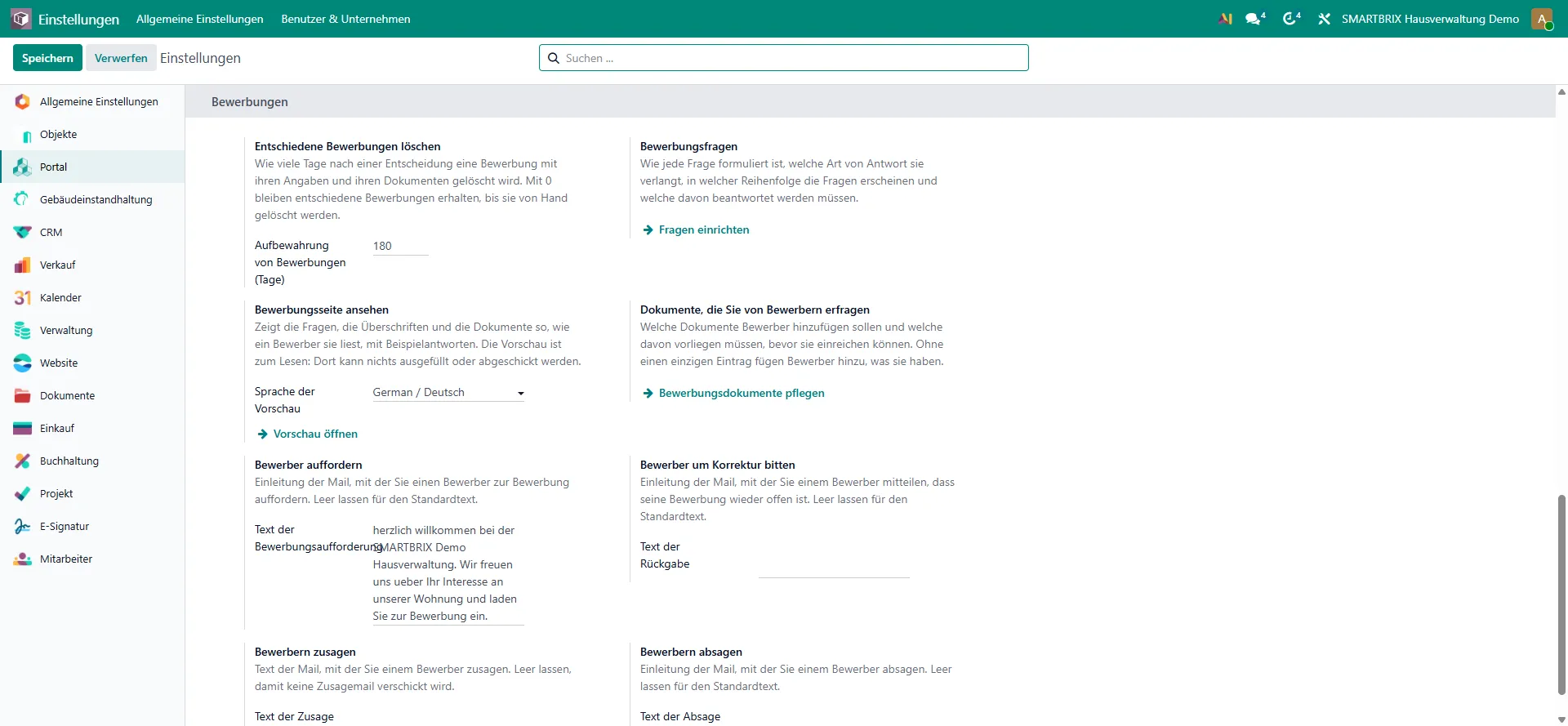 Portal-Einstellungen mit dem Block „Bewerbungen“