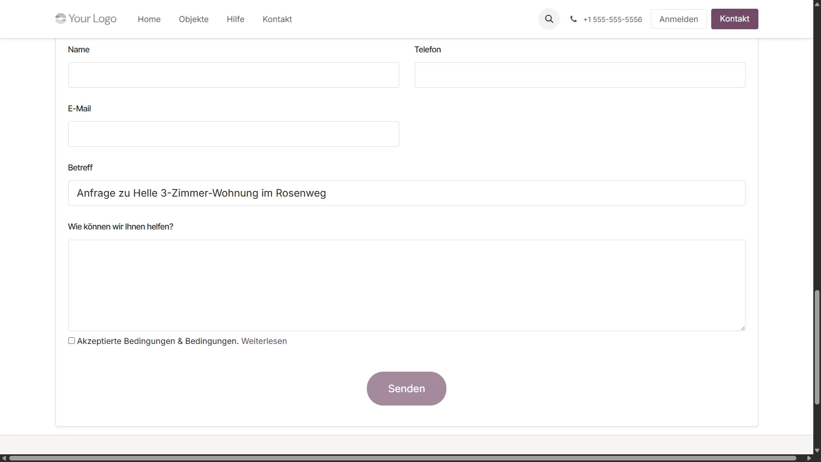 Kontaktformular auf der Objektseite der Website