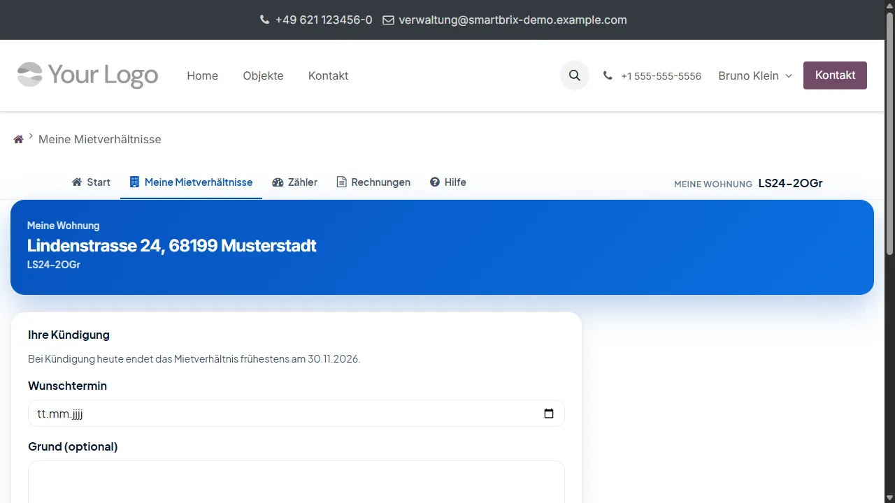 Kündigungsseite mit Wunschtermin und Grund