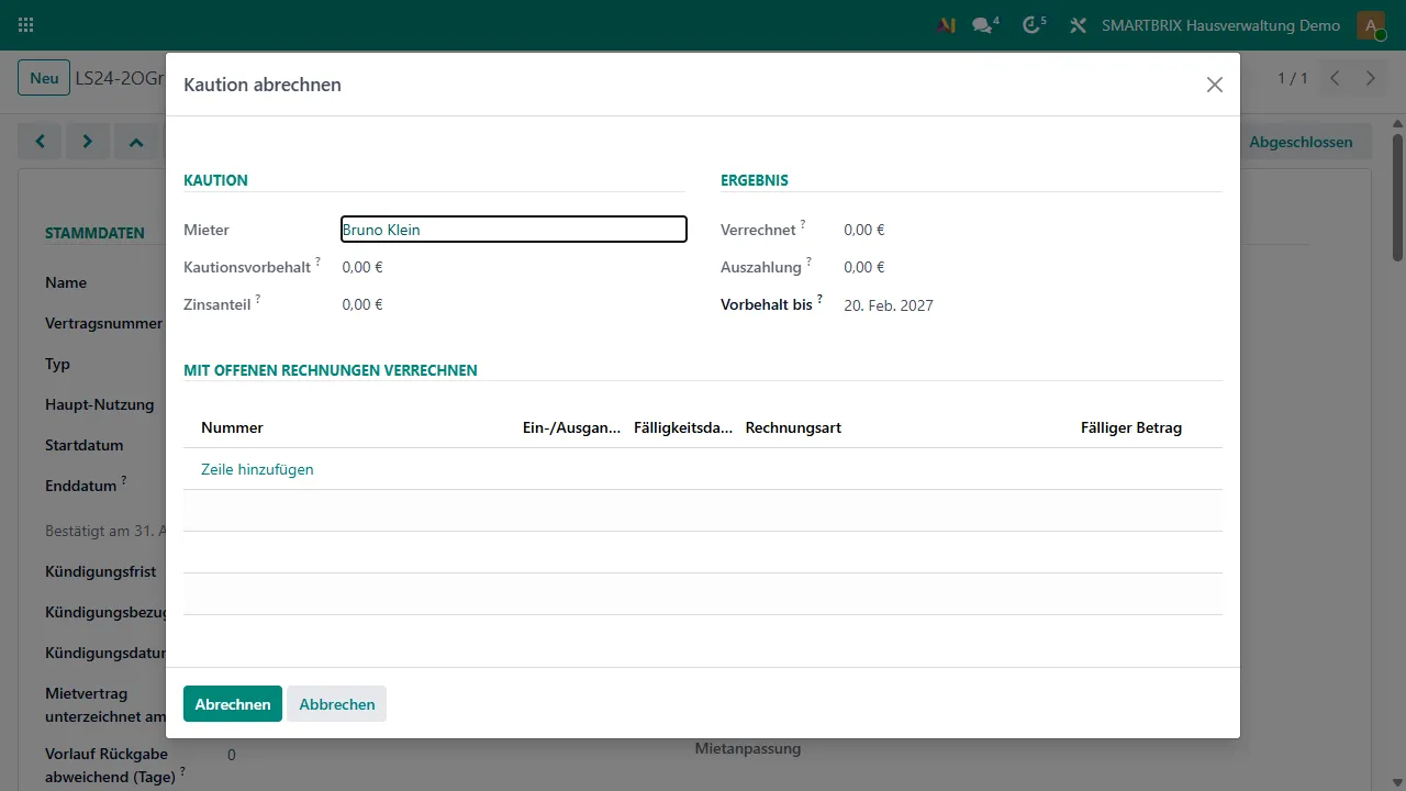Dialog „Kaution abrechnen“
