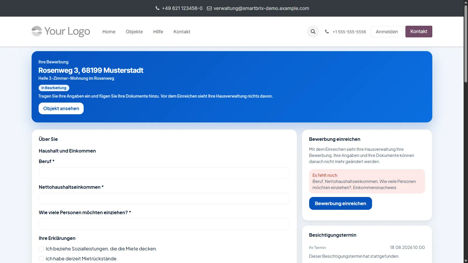 Bewerbungsseite, Kopfbereich mit Objektadresse und Status