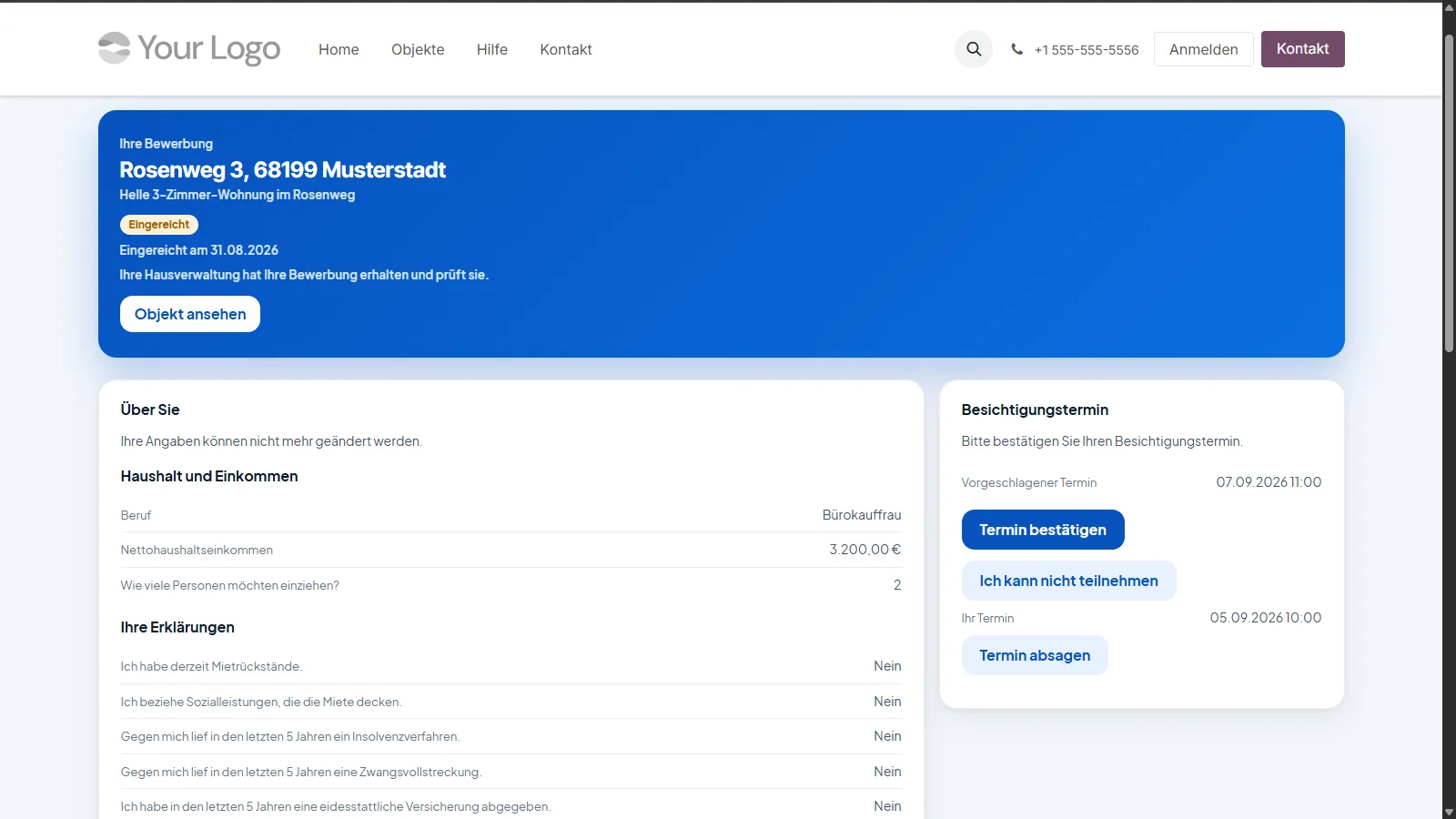 Karte „Besichtigungstermin“ auf der Bewerbungsseite