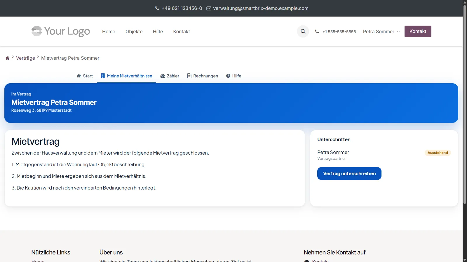 Vertragsseite mit der Schaltfläche „Vertrag unterschreiben“