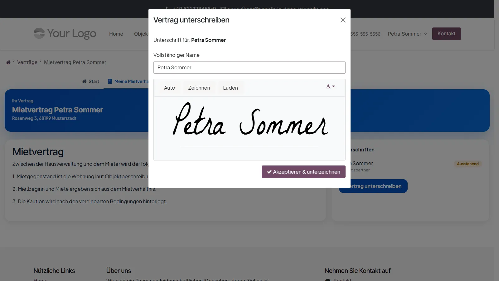 Dialog „Vertrag unterschreiben“