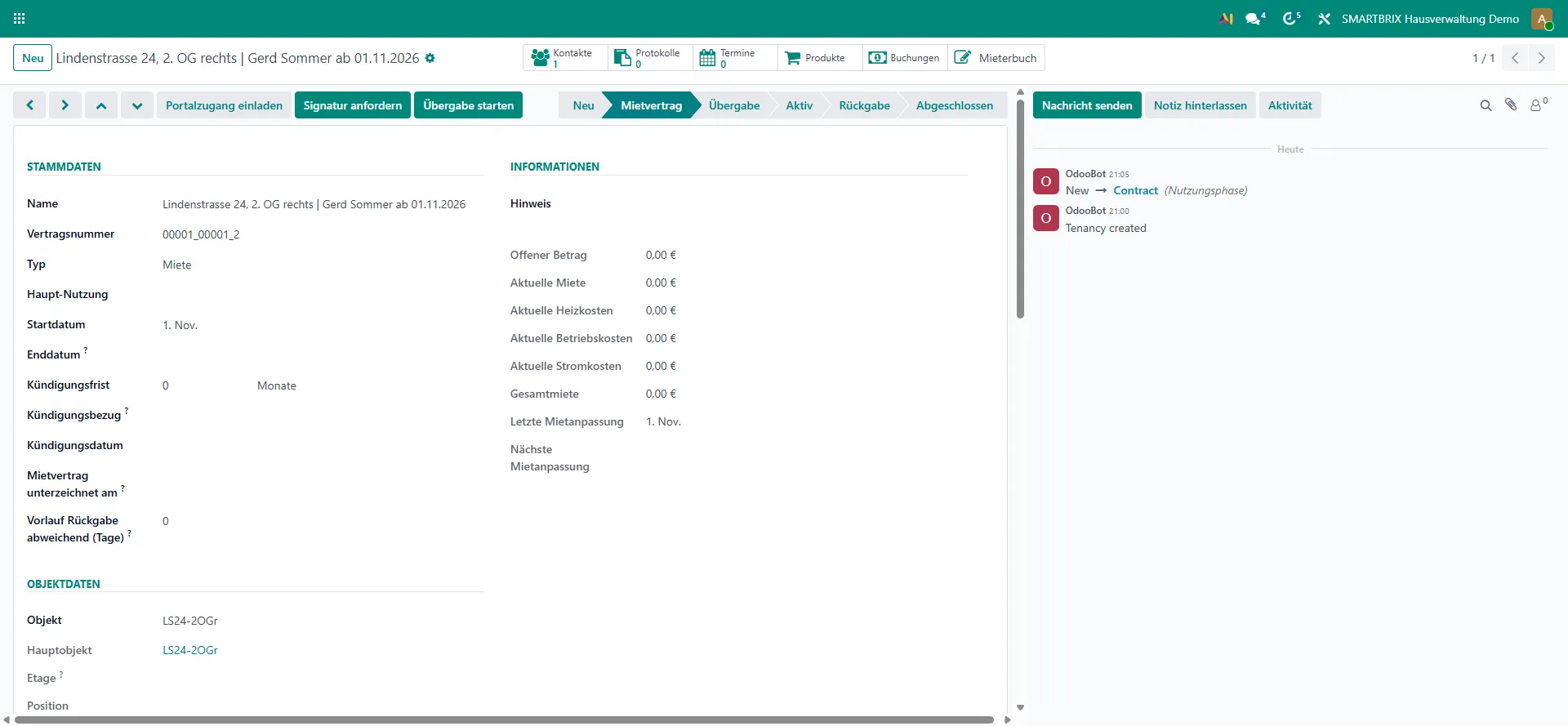 Schaltfläche „Portalzugang einladen“ im Kopf des Mietverhältnisses