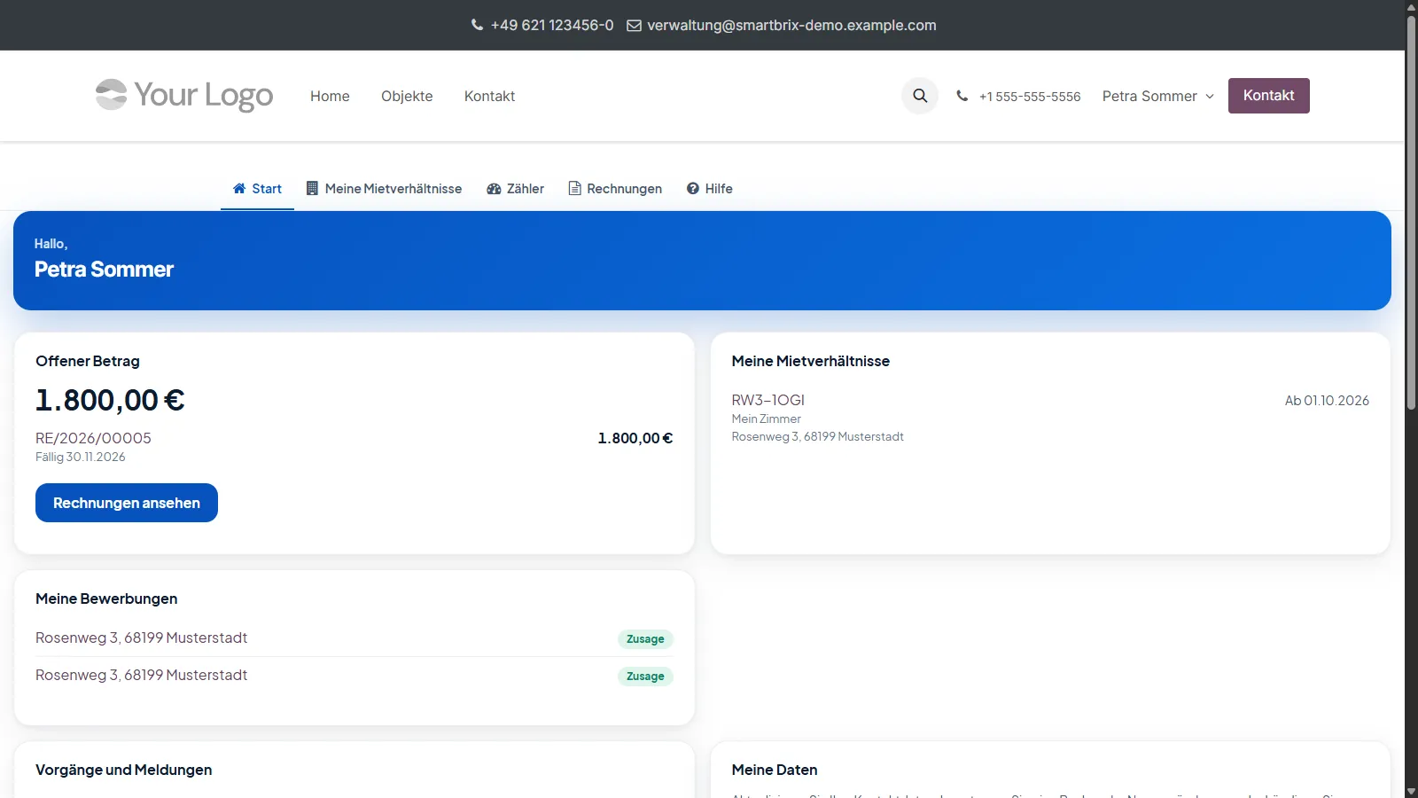 Portal-Startseite mit Begrüßung und den Karten