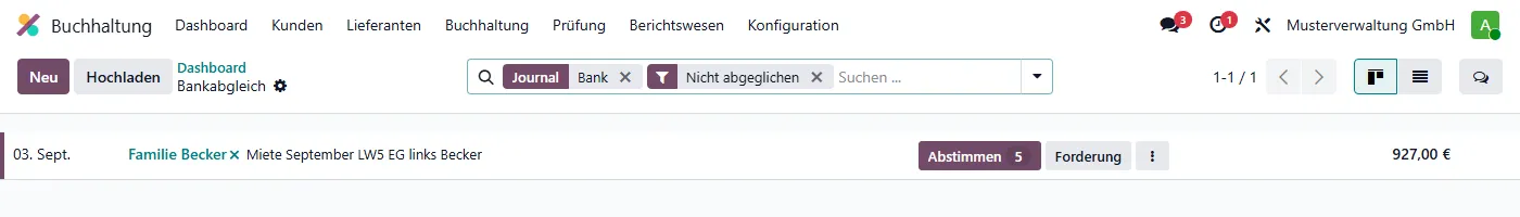 Offener Umsatz mit erkanntem Zahler und dem Knopf Abstimmen (Tarif Business)